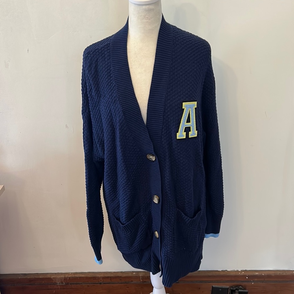 Aerie Navy Blue Cardigan with Yellow Letter "A" Patch NWOT